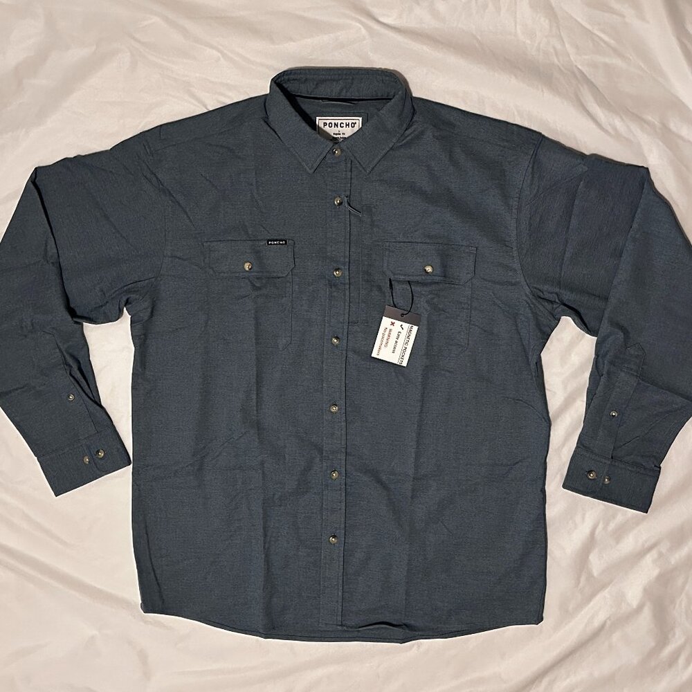 Poncho Shirt Mens Large Blue Magnetic Pockets Flannel Long Sleeve Button Down